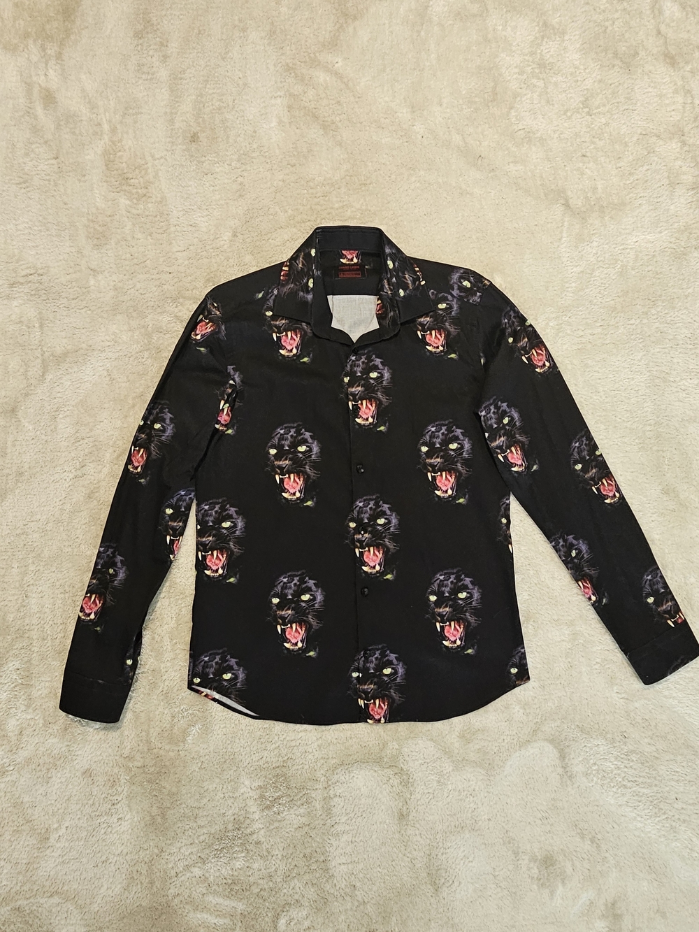 NEW Jared Lang Men's Black Panther Print Long-Sleeve Shirt Size M Luxury - Picture 2 of 9